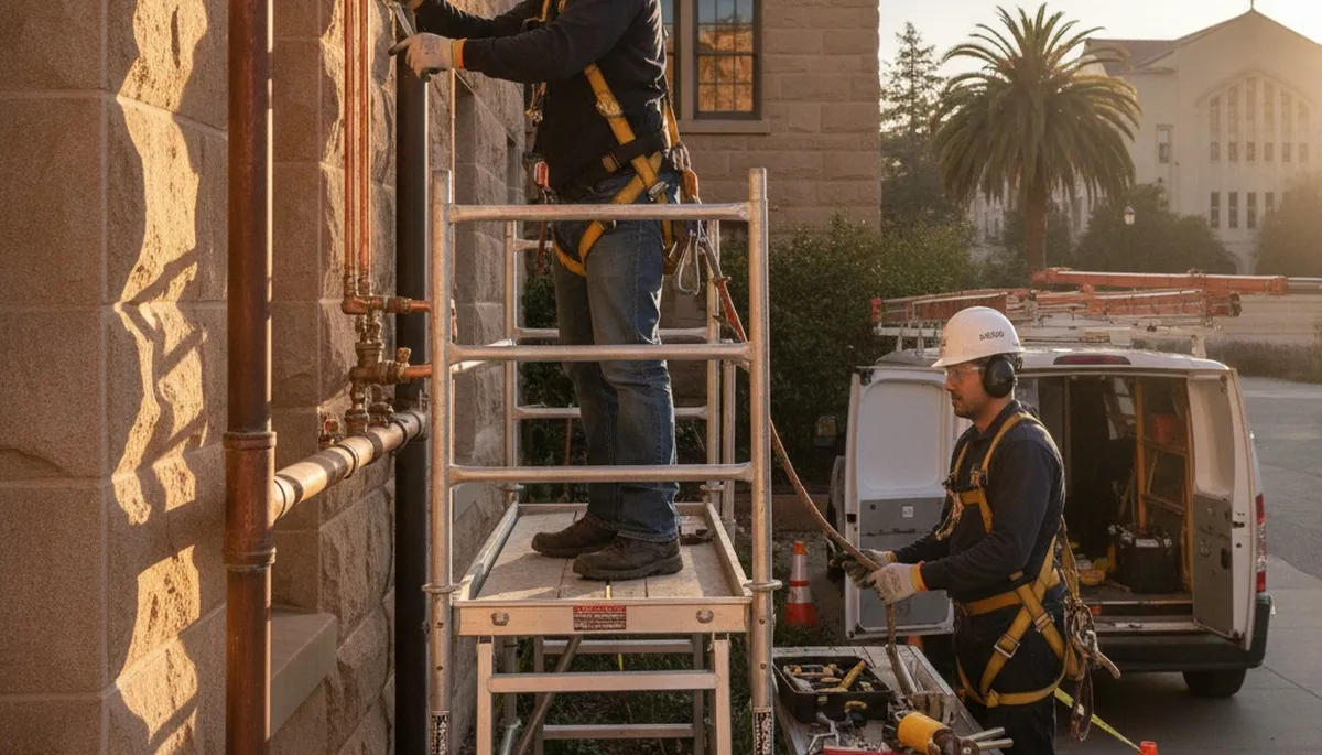 San Jose, CA plumbing repair technician servicing pipes for a local home repair job